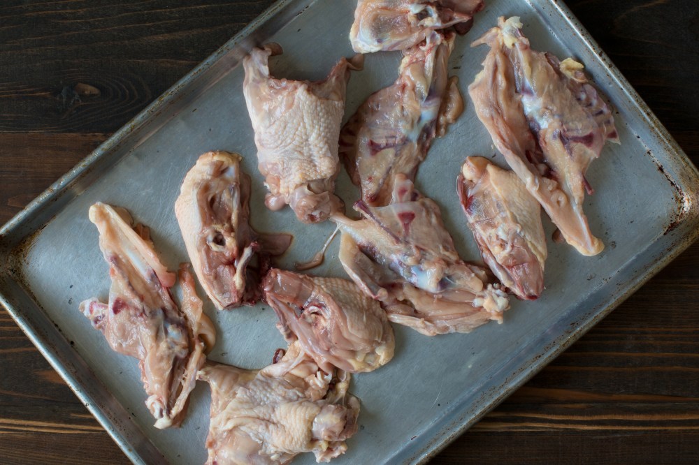 Broth bones being prepped for roasting for chicken stock hr-8953