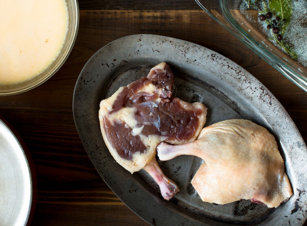 Duck leg quarters out of the cure and before into the confit hr-0059