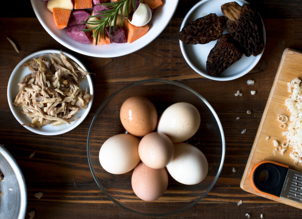 Miz for chicken neck meat, morel mushroom, and cheddar omelet with mixed potatoes roasted in duck fat hr-9792-2